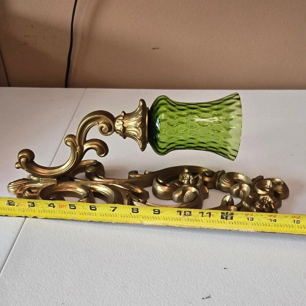 Vintage 1971 HOMCO 4119 Wall Sconces Pair Green Glass Gold Hollywood Regency